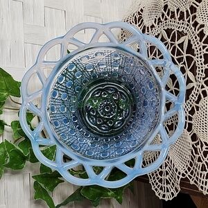 👉*VTG* 1930s IMPERIAL GLASS CO ~KATY BLUE OPALESCENT OPEN LACE SUGAR CANE BOWL